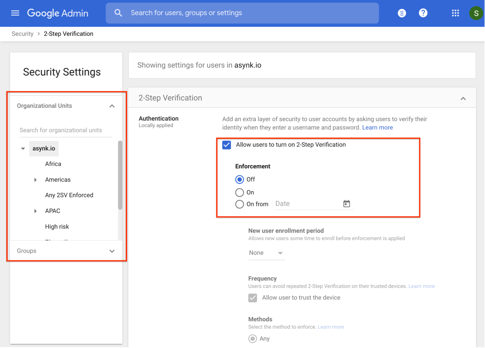 Security → Authentication → 2-step verification
